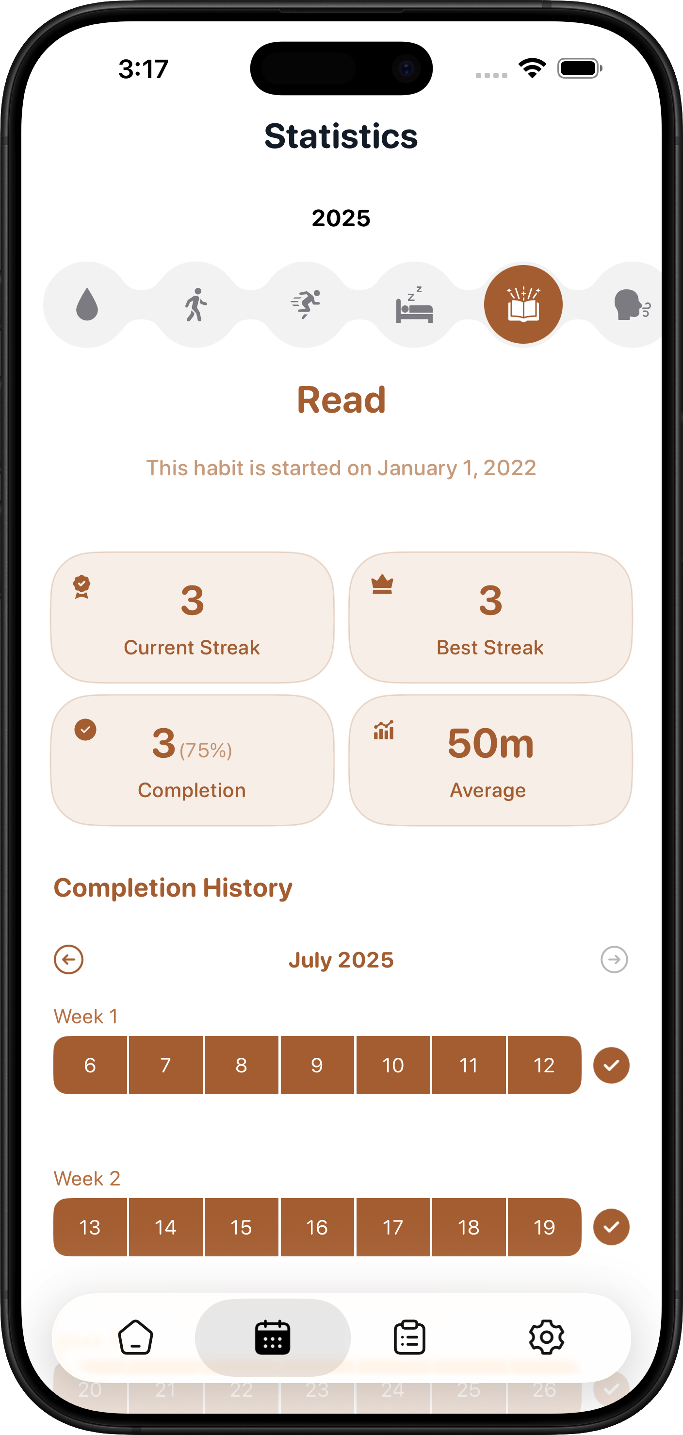 HabitView statistics with calendar heat map and streak data